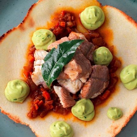 Eel Goulash in Corn Tortillas with Avocado