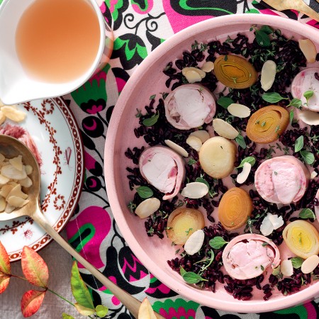 Rabbit Rounds with Leeks and Venere Rice in Almond Broth