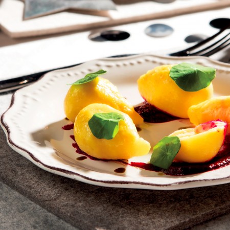 Asiago PDO Cheese-Stuffed Gnocchi over Cream of Beets