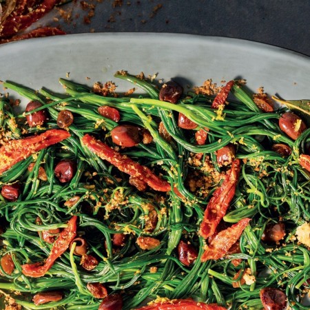 Sautéed Italian Agretti with Olives, Sundried Tomatoes and Raisins