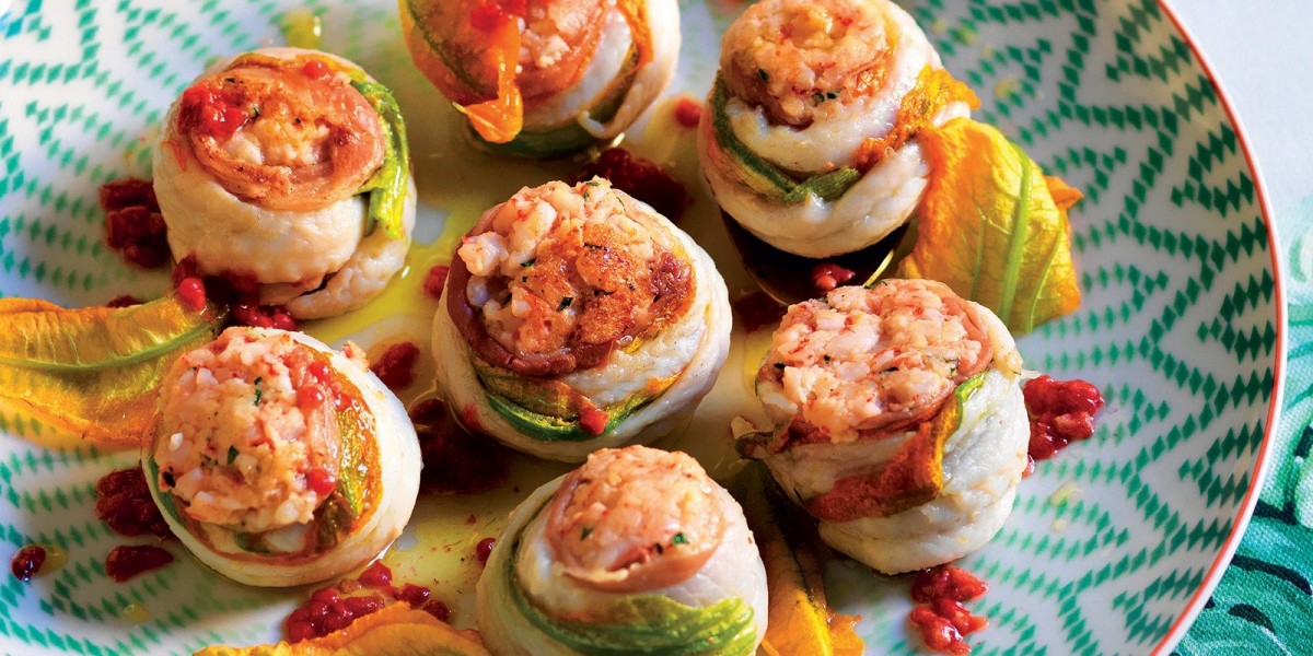 Italian Fish Rolls with Sole, Zucchini Flowers and Raspberry Olive Oil