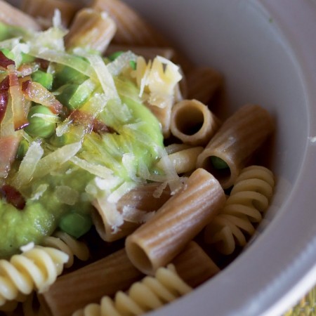 Rigatoni and Fusilli With Peas and Guanciale
