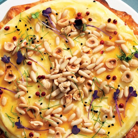 Delightfully Light Savory Cheesecake with Honey and Pine Nuts