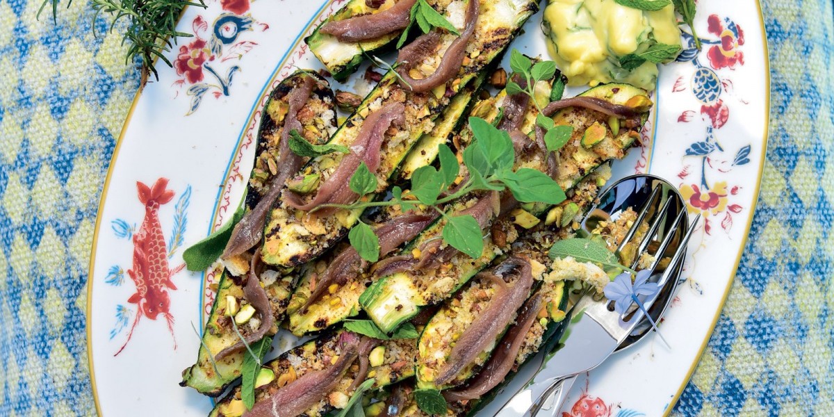 Simple and Satisfying Grilled Zucchini with Anchovies and Croutons