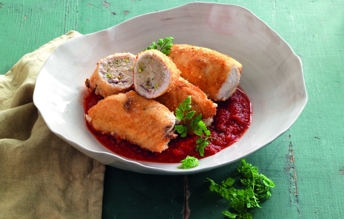 Breaded Swordfish Rolls with Provolone, Pistachio and Pine Nuts Recipe