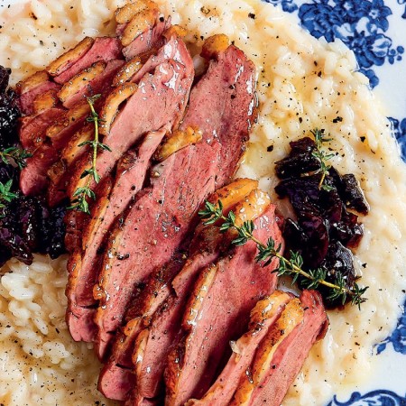 Roasted Duck Breast and Plums with Creamy Parmesan Risotto 