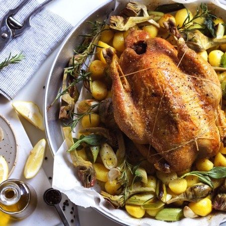 Mediterranean Herb-Baked Chicken with Potatoes and Artichokes