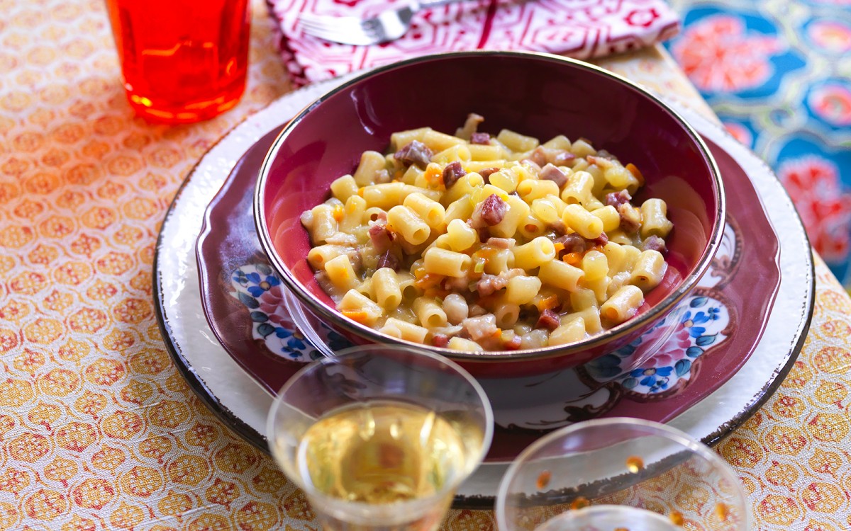 Pasta, potatoes, provola, pancetta and rosemary-image