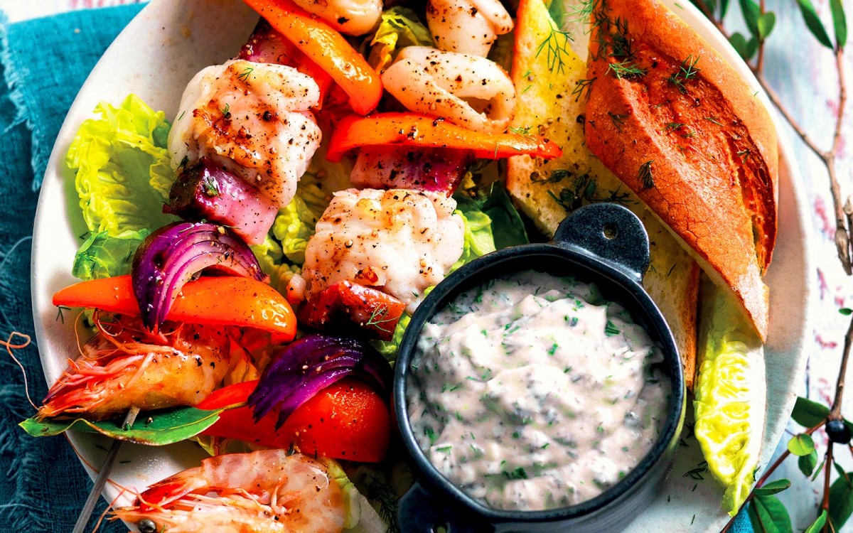 Seafood Skewers With Herb Sour Cream Recipe La Cucina Italiana