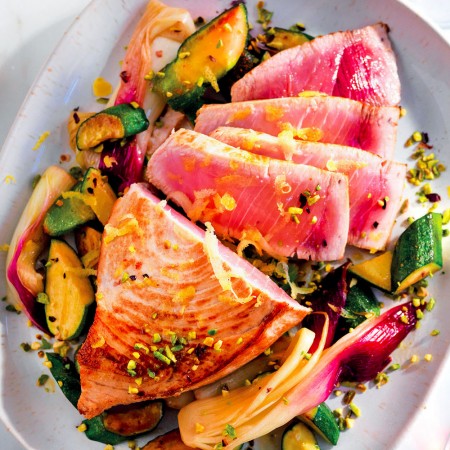 Swordfish With Roasted Spring Onions and Zucchini